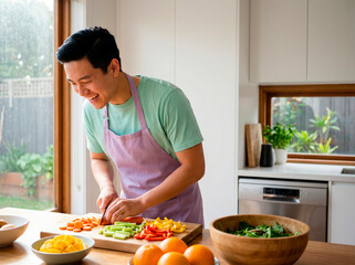 Smiling young asian man wearing an apron chopping fresh vegetables on a cutting board in a modern kitchen, preparing a healthy meal near a bright window