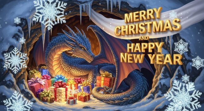 Christmas Dragon Winter Scene - A festive scene with a dragon amidst gifts wishing Merry Christmas and Happy New Year