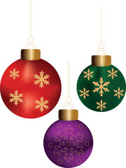 Three colorful christmas ornaments with snowflake pattern isolated on