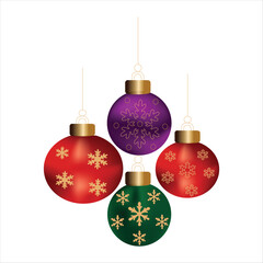 Four colorful christmas baubles isolated on, festive decoration