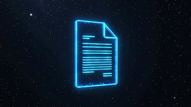 A neon blue outline of a document icon with lines of text floats in a dark, star-filled expanse. Represents digital records, online information, and technology.