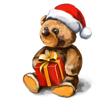 christmas toy teddy bear in Santa hat. festive Christmas character, art illustration painted with watercolors isolated on white background.