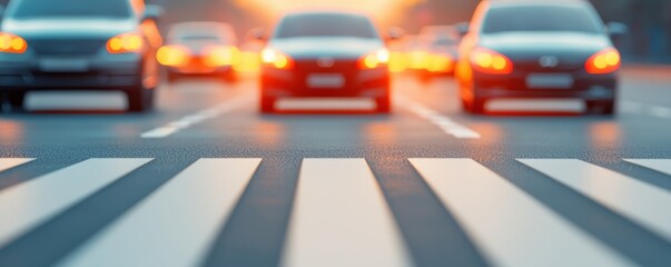 Soft Sunset Over Busy Urban Street with Cars and Crosswalk