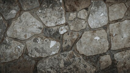 Close-up of irregular stone paving with uneven surfaces, gray and brown tones, and mortar joints. Old stone wall or pathway detail.