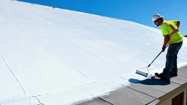 Medium shot of worker spreading white reflective roof coating to enhance energy efficiency and reduce building heat absorption under clear sky conditions.