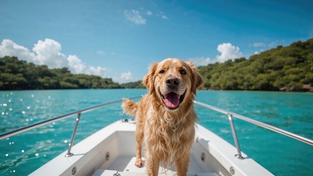 Golden retriever on boat with water and green hills, joyful dog enjoying boating adventure. Nature and wildlife, leisure activity, outdoor exploration.