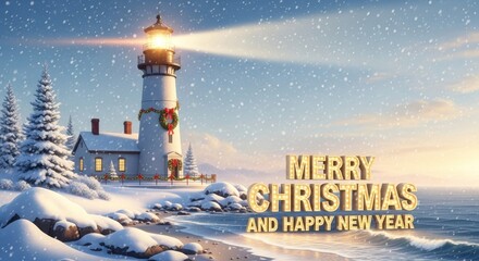 Coastal Christmas Lighthouse Scene - Festive Christmas scene with a lighthouse decorated for the holidays, set on a snowy coast. "Merry Christmas and Happy New Year" text is prominently displayed