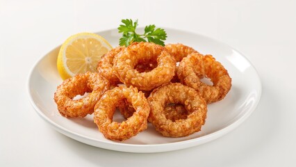 Fried onion rings with lemon wedge and parsley on white plate.