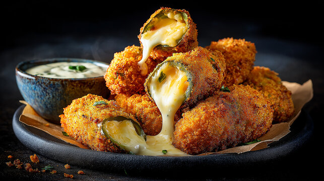 crispy cheese-stuffed jalapeño poppers, golden breadcrumb coating, melted cheese oozing out, served with ranch dip in a ceramic bowl