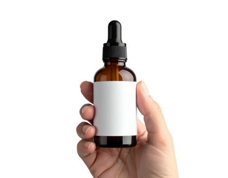 Hand holding dropper bottle with blank label, isolated - Powered by Adobe