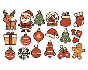 Christmas holiday icon set vector featuring tree, snowman, Santa hat, bell, gift, star, and snowflake