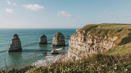 Cliffs and sea stacks along the rugged coast with green grassy cliffs under a blue sky and clouds.