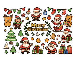 A cute cartoon Santa Claus set with snowman, tree, and holiday gift icons for Christmas vector illustration