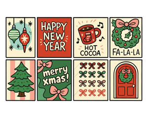 Seamless vector set of Christmas tree, gift, and star icons for holiday decoration design