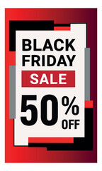 Black friday sale banner with 50% off discount, isolated on white background