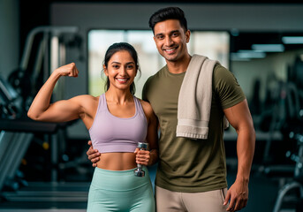 Happy and fit indian couple posing confidently in a gym, celebrating their strength and fitness goals the woman flexes her bicep while the man smiles beside her