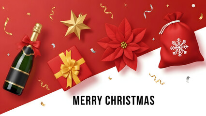 Naklejka premium Merry Christmas Poinsettia Champagne Bottle Gift Box Santa Sack Gold Star Confetti Festive Holiday Season Greeting Card Template