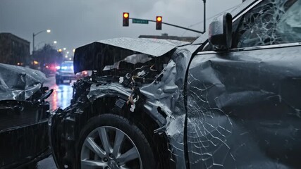 Two severely damaged vehicles after a collision at a city intersection on a rainy day, with deployed airbags, shattered glass on the wet asphalt, and police lights flashing in the background