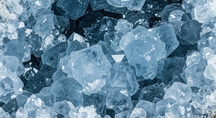 A close-up showcases a cluster of crystalline structures. The formations are multifaceted and translucent, with varying tones of blue. 