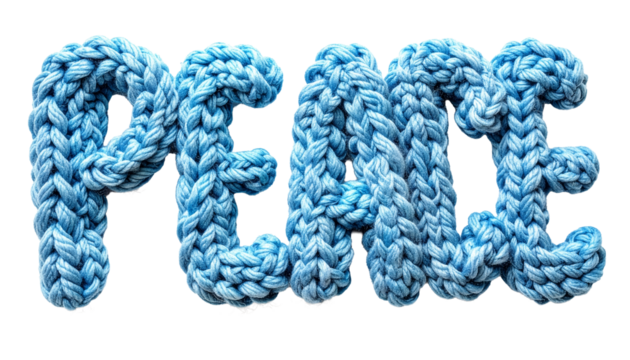 The word "Peace" is crafted from soft, thick light blue yarn in a knitted style