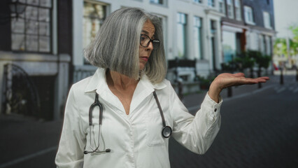 Fototapeta premium Woman doctor in labcoat with stethoscope shrugging with palms up on a city street, grey hair visible; exasperation doubt.