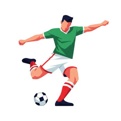 Soccer player kicking ball in green jersey and red socks