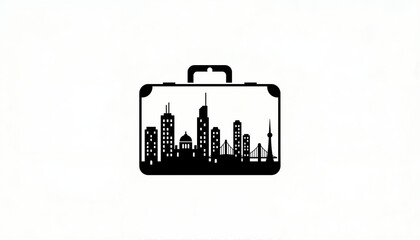 A suitcase displaying a silhouetted cityscape within its frame