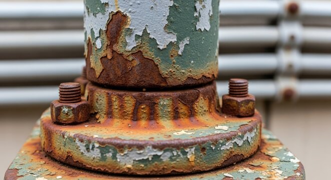 Close-up of a weathered metal structure with peeling paint, showing rust and bolts. Focus is on the base with visible wear and tear. Industrial aesthetic with muted colors - Powered by Adobe