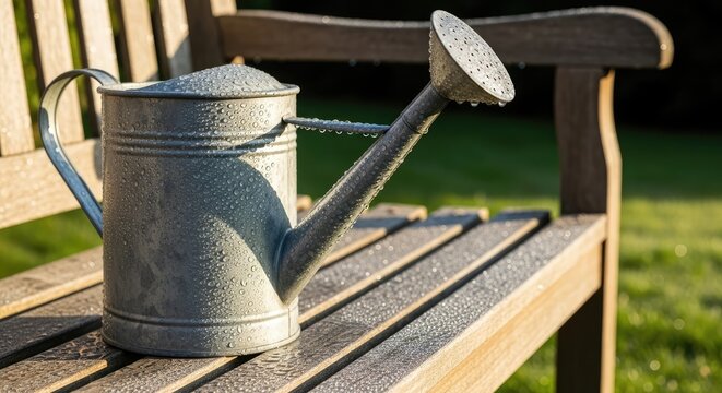 A galvanized watering can sits on a weathered wooden bench, droplets clinging to its surface. The background showcases sunlit grass, suggestive of an outdoor setting and morning freshness - Powered by Adobe