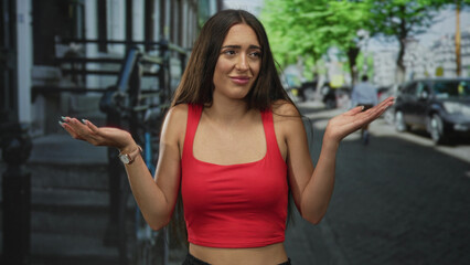 Woman raises both hands in a shrug gesture with palms visible and bare midriff in a red tanktop on a city street; uncertainty.