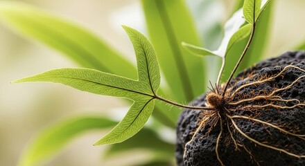 Close-up showcases a fern growing from porous dark rock, with visible roots and vibrant green leaves. Background includes blurred green foliage, providing soft focus. Delicate veins are visible
