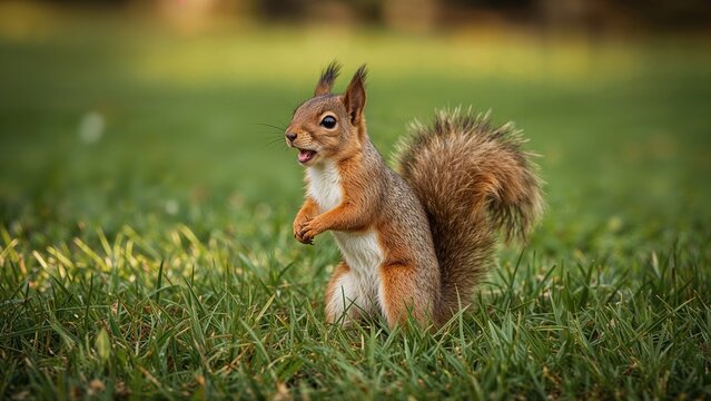 Squirrel standing on grass in a park. Nature and wildlife, animal photography. Forest and nature, wildlife photography. The concept of animals and biodiversity.