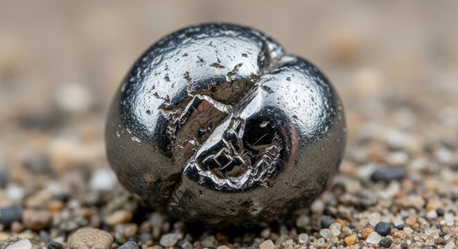 A close-up of a cracked, metallic sphere resting on a sandy surface. The shiny, pitted exterior reflects light, revealing textures and crevices. Shallow depth of field blurs the background