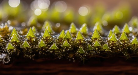 Macro shot of vibrant green mossy growth with droplet-covered, triangular structures, set against a blurred, bokeh background. Focus is on texture and detail