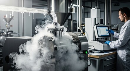A lab worker operates machinery with cold steam emanating from it. He wears a lab coat and gloves, focused on a control panel. Other equipment fills the sterile environment