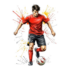 Dynamic soccer player in action with colorful paint splatter