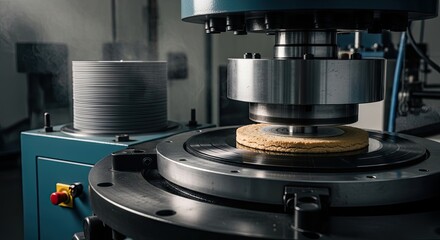 A close-up showcases a vinyl record being pressed. Machinery with a central press and stack of records emits steam. Dark, circular grooves are visible on the record