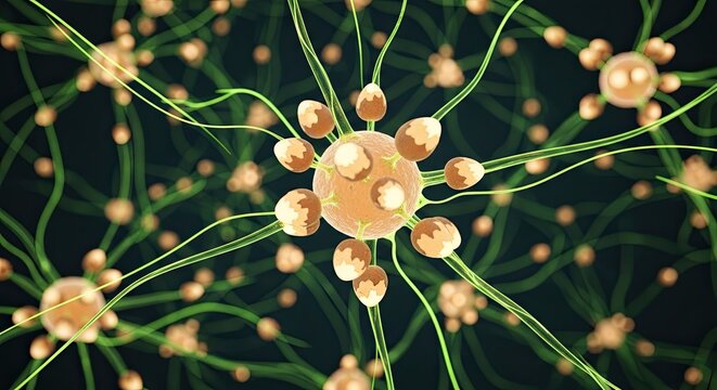 Abstract depiction of neural networks, featuring neuron cells with extended green dendrites