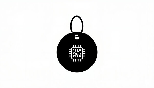 A black circular icon depicting a padlock with a microchip design