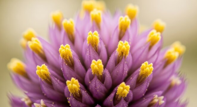 A macro shot showcases a vibrant, purple flower with yellow, intricate details. The close-up view highlights the delicate texture and radial symmetry against a soft, blurred background - Powered by Adobe