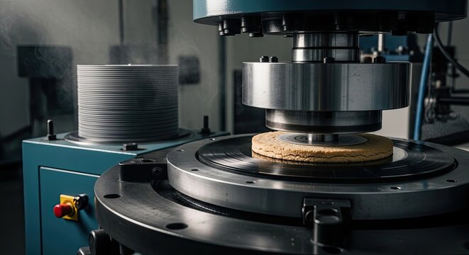 A close-up showcases a vinyl record being pressed. Machinery with a central press and stack of records emits steam. Dark, circular grooves are visible on the record - Powered by Adobe