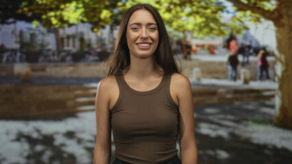Woman smiling with exposed shoulders standing on a city street plaza facing camera in sunlight; warm contentment.