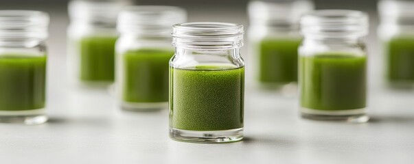 Green Smoothie Ingredients in Glass Jars on White Surface