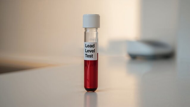 Lead Level Test vial with blood sample for medical diagnostics.