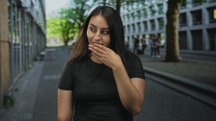 Fototapeta premium Young hispanic woman places hand on chest on city street wearing black tshirt near urban buildings and tree lined pavement; confidence.
