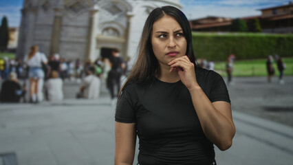 Fototapeta premium Woman finger to lips for silence in building at pisa tower plaza, neutral expression; silence serious.