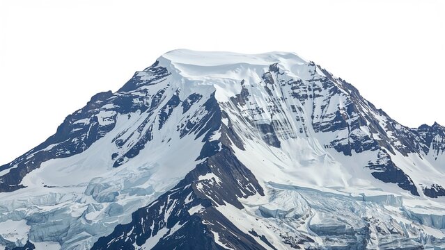 Snow-capped mountain peak with glaciers and rocky slopes.