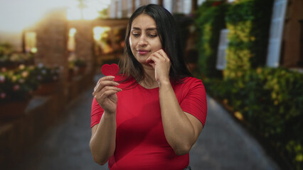 Woman holding red felt heart in her hands on a cobblestone street, examining it with a pensive...