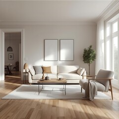 Contemporary living room interior with bright natural light, comfortable sofa, wooden coffee table, and armchair. Perfect modern home decor for a relaxing and stylish domestic space