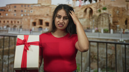 Woman holding wrapped gift box, hand to head by roman building ruins railing, red shirt visible;...
